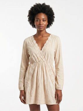 Sage Cream Mini Dress with Crocheted Trim, V-Neck and Bell sleeves, Lined, M